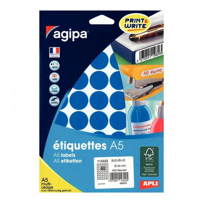 ÉTIQUETTES RONDES **ETUI DE 400** PASTILLES COULEUR DIAM 24MM BLEU AGIPA 114322