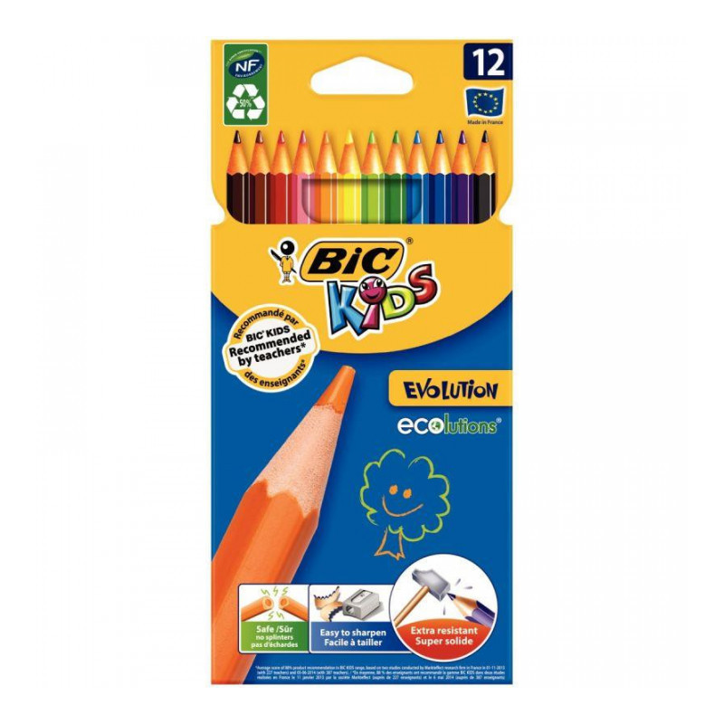 ETUI CARTON RECYCLÉ DE 12 CRAYONS DE COULEURS ASSORTIES ÉVOLUTION 17,5 CM