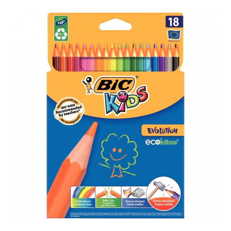 ÉTUI CARTON RECYCLÉ DE 18 CRAYONS DE COULEURS ÉVOLUTION 17,5CM COULEUR ASSORTIES