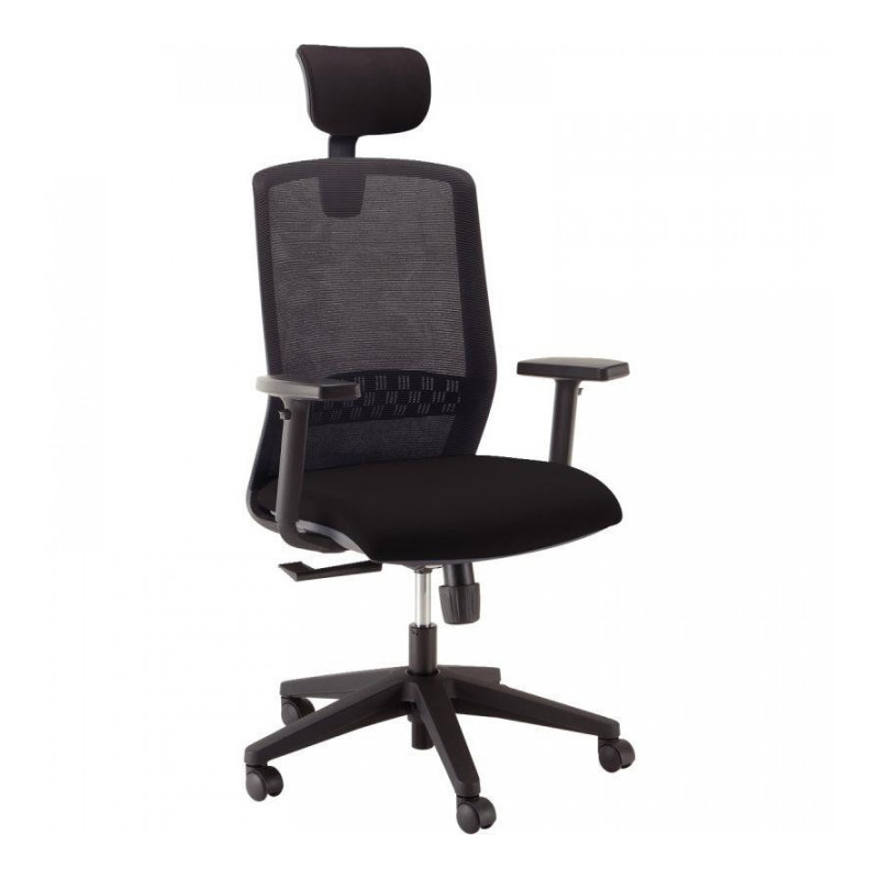 FAUTEUIL BARI NYLON TÉTIÈRE ASSISE TISSU NOIR 120kg - DOS RESILLE NOIRE-SUP.LOMBAIRE SYNCHRONE ACCOUDOIRS REGLABLES