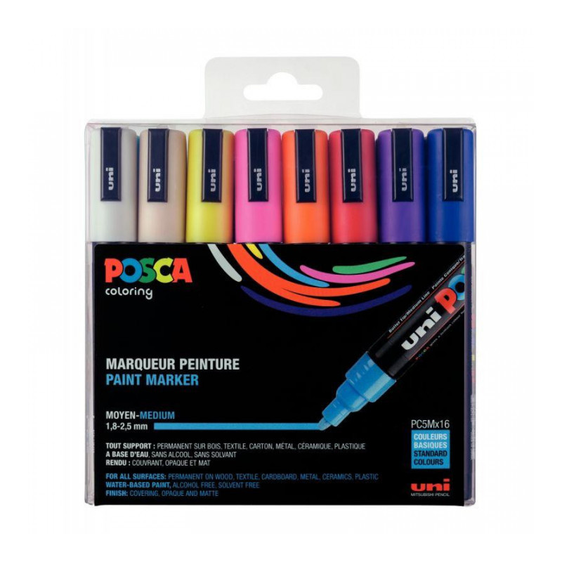 FEUTRES ASSORTI UNI POSCA PCM5M OGIVE MOYENNE BOITE 16  PC5M16A ASS22