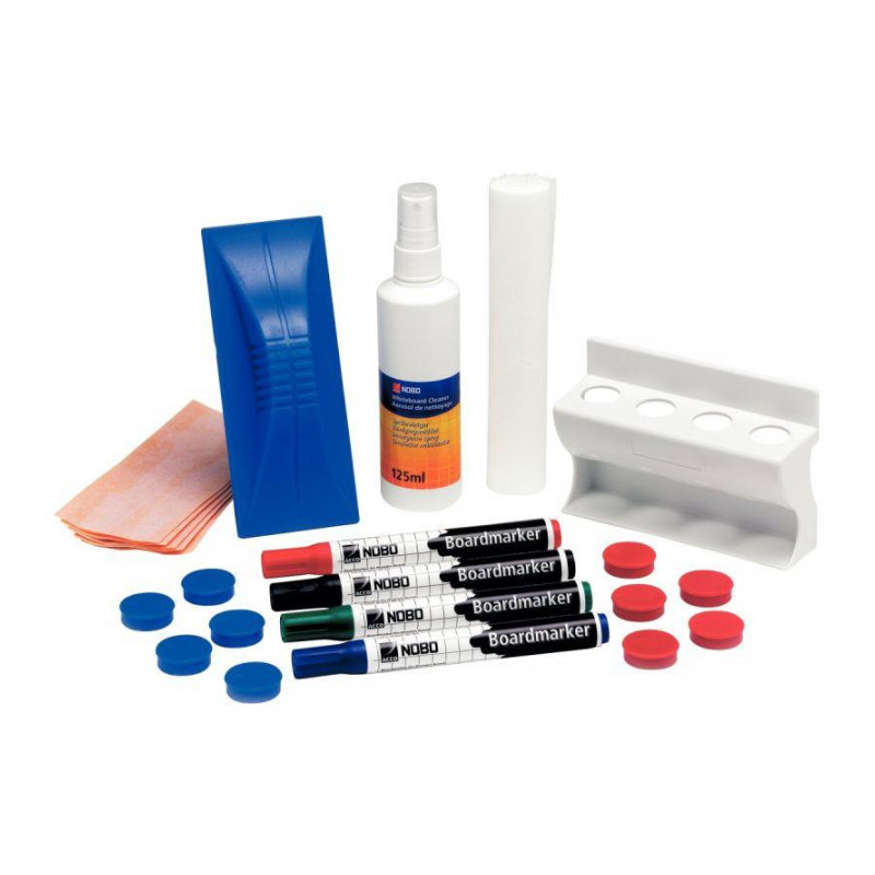 KIT TABLEAUX BLANCS :4MARQUEURS+PORTEMARQUEUR/1BROSSE+RECH.SPRAY+10CHIFF.+10AIMA