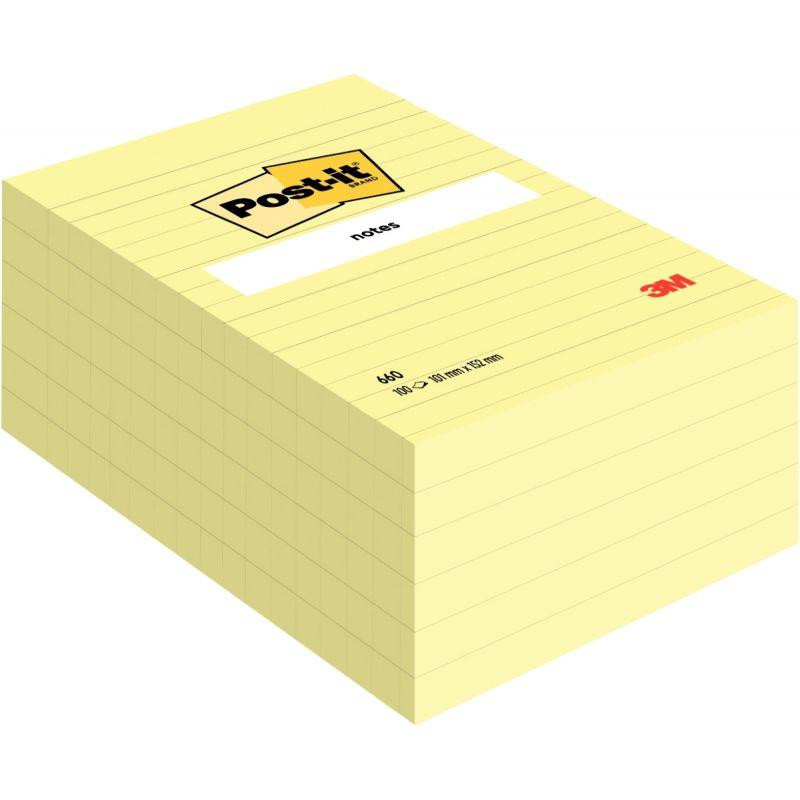 LOT DE 6 BLOCS DE 100 FEUILLES POST IT NOTES REPOSITIONNABLES 102X152 MM JAUNE LIGNÉ