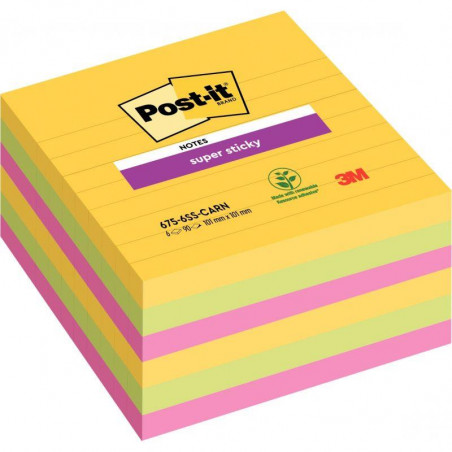 LOT DE 6 BLOCS NOTES SUPER STICKY DE 90 FEUILLES LIGNÉES, FORMAT 101 X 101 MM, COULEURS CARNIVAL