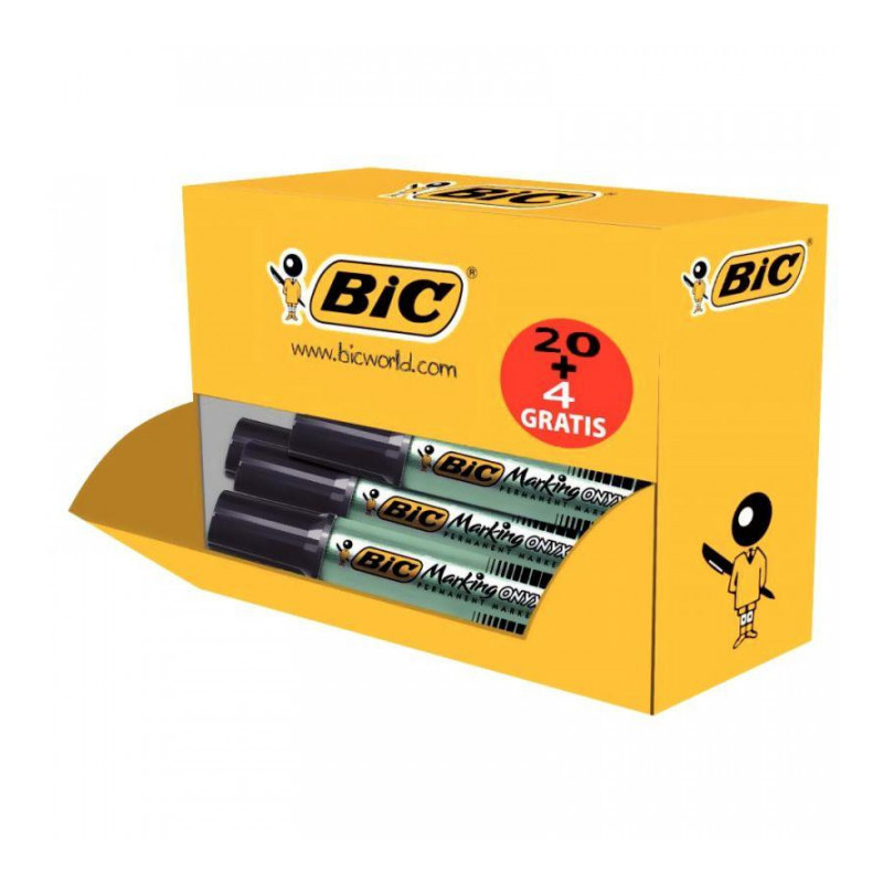 MARQUEURS NOIRS **PACK20+4 OFFERTS**  BIC ONYX MARKING 1481 POINTE BISEAUTÉE  CORPS METAL 3.7 A 5.2 MM