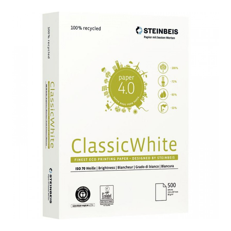 PAPIER A4 80G BLANC RECYCLE CLASSIC WHITE CIE55 ECOLABEL ANGE BLEU R500F