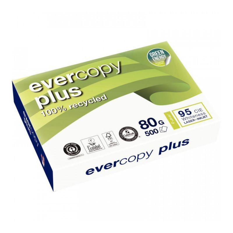 PAPIER A4 80G RECYCLE BLANC EVERCOPY RAMETTE 500F DIN6738 ECOLABEL ANGE BLEU