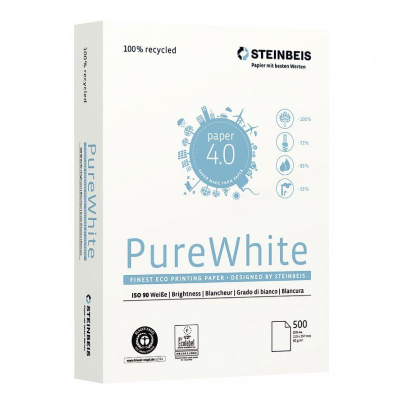 PAPIER BLANC RECYCLE PUREWHITE CIE 110 A4 80G *RAM 500F.* ECOLABE LANGE BLEU