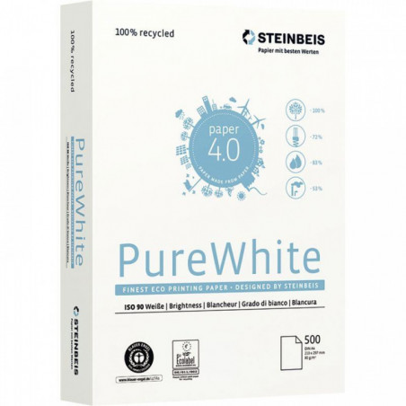 PAPIER BLANC RECYCLE PUREWHITE CIE 110 A4 80G *RAM 500F.* ECOLABE LANGE BLEU