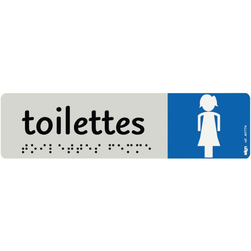 PLAQUE ALUMINIUM DE SIGNALISATION AVEC TEXTE EN BRAILLE TOILETTES FEMMES 170 X 45 MM