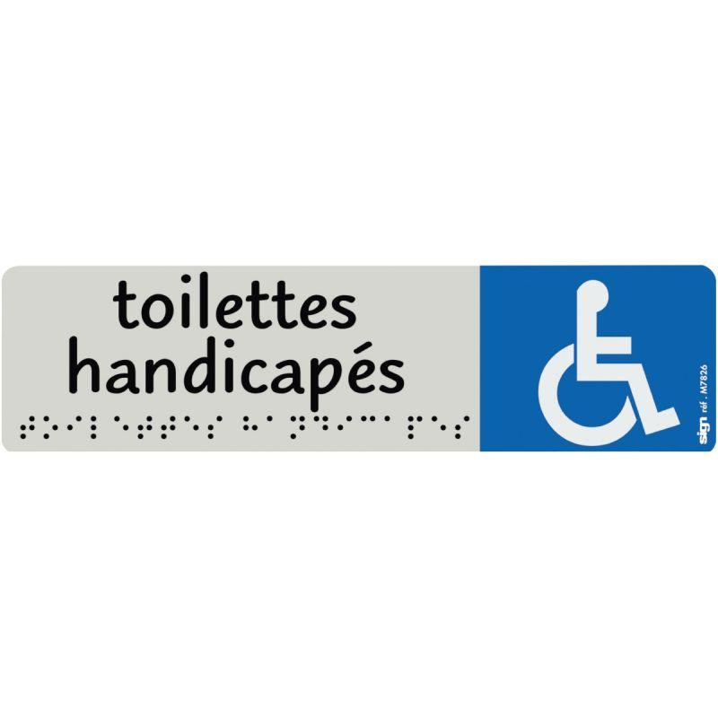 PLAQUE ALUMINIUM DE SIGNALISATION AVEC TEXTE EN BRAILLE "TOILETTES HANDICAPÉS" 170 X 45 MM