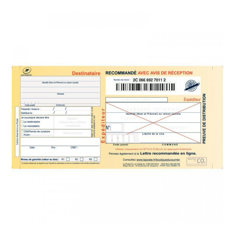 RECOMMANDÉ EN LIASSE AVEC ACCUSÉ RÉCEPTION BTE 100 LA POSTE 3756