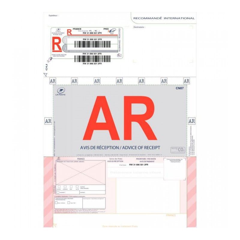 RECOMMANDÉS AVEC AR POUR L'ÉTRANGER BOÎTE DE 250 IMPRIMÉS