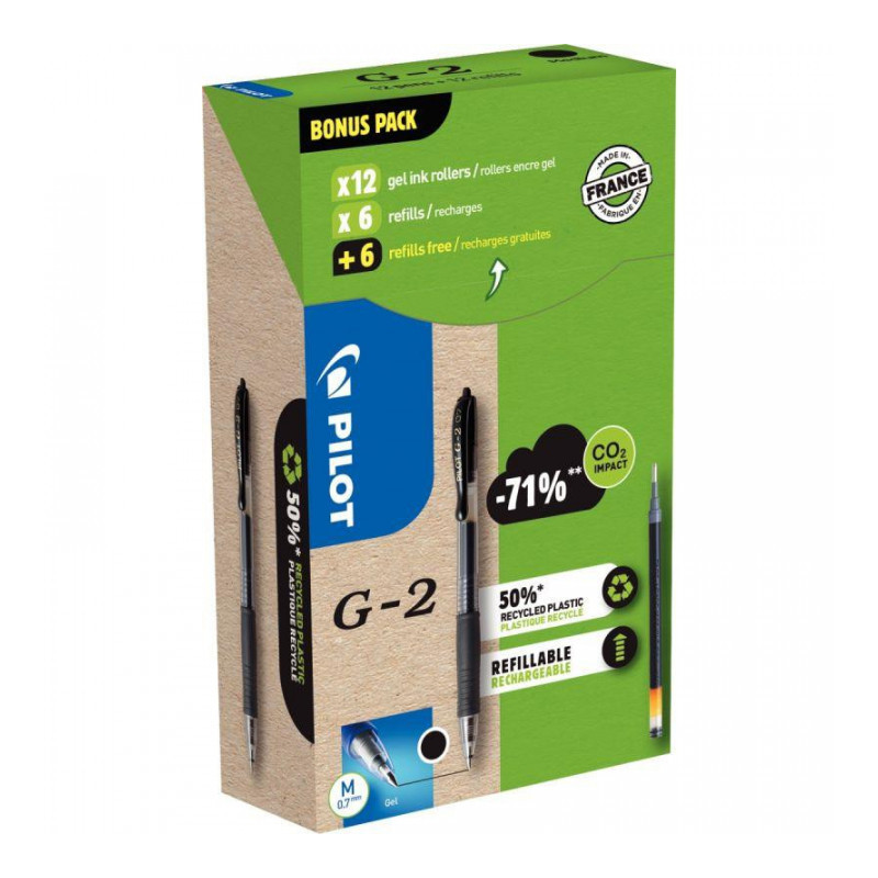 STYLO GEL G2 NOIR  RETRACTABLE GREENPACK*BTE12+6 RECHARGES +6 RECHARGES OFFERTES* PILOT