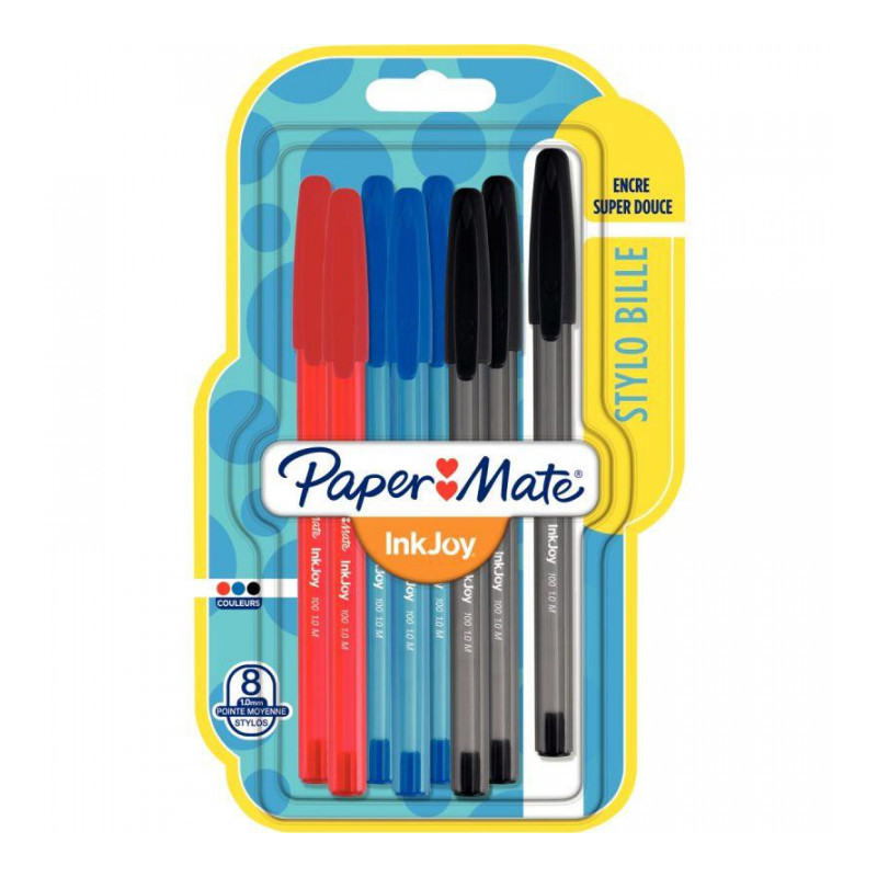 STYLOS *BLISTER DE 8* ASSORTIS BILLE PAPERMATE INKJOY 100