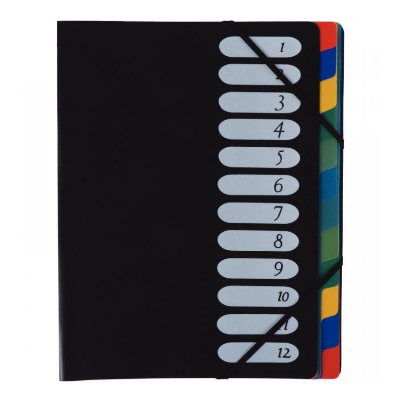 TRIEUR EN POLYPROPYLÈNE AVEC ÉLASTIQUES 12 COMPARTIMENTS COUVERTURE COLORIS NOIR