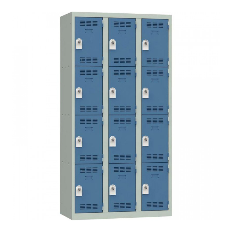 VESTIAIRE D'ATELIER 3 COLONNES 12 CASES INDUSTRIE PROPRE L90CM PORTES BLEU/CORPS GRIS