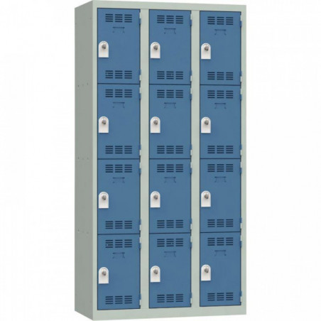 VESTIAIRE D'ATELIER 3 COLONNES 12 CASES INDUSTRIE PROPRE L90CM PORTES BLEU/CORPS GRIS