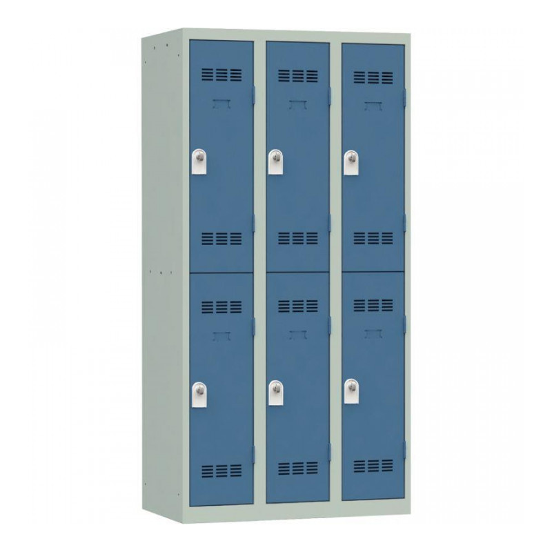 VESTIAIRE D'ATELIER 3 COLONNES 6 CASES INDUSTRIE PROPRE L90CM PORTES BLEU/CORPS GRIS