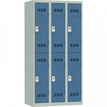 VESTIAIRE D'ATELIER 3 COLONNES 6 CASES INDUSTRIE PROPRE L90CM PORTES BLEU/CORPS GRIS