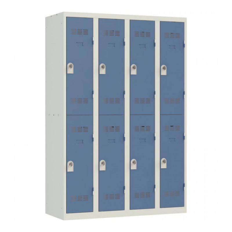 VESTIAIRE D'ATELIER 4 COLONNES 8 CASES INDUSTRIE PROPRE L120CM PORTES BLEU/CORPS GRIS